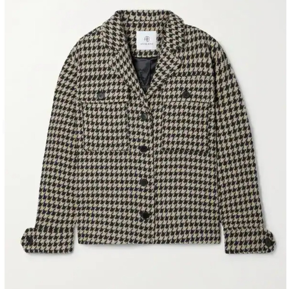 Anine Bing Black Cream Flynn Houndstooth Wool Blend Boxy Jacket Size Large L